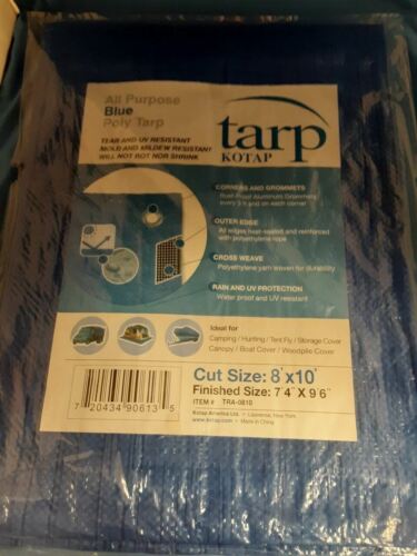 Kotap 8' x 10' UV Resistant Waterproof Blue Poly Tarp w/Grommets & Rope Hem