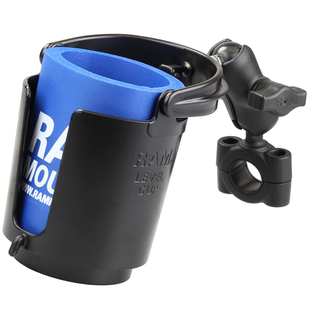 RAM Mount RAM Torque 3/4" - 1" Diameter Handlebar/Rail Base with 1" Ball, SHORT Arm and Level Cup [RAM-B-408-75-1-A-132U]