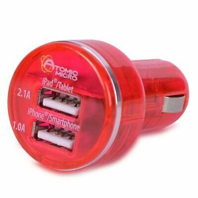 Atomic Micro Red Dual USB Port Car Charger - 2.1A & 1.0A Ports for Phone/Tablet