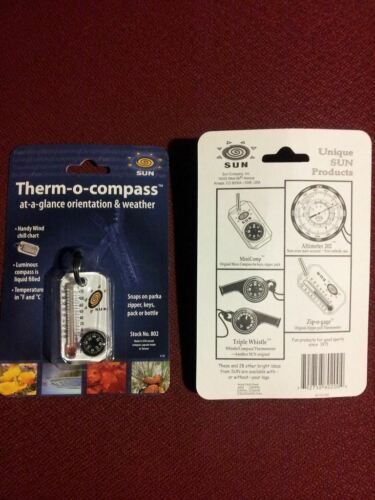 Sun Therm-O-Compass Thermometer Compass Zipper-Pull Temperature Hunting 802