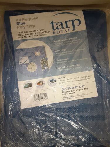 Kotap 5' x 7' UV Resistant Waterproof Blue Poly Tarp w/Grommets & Rope Hem