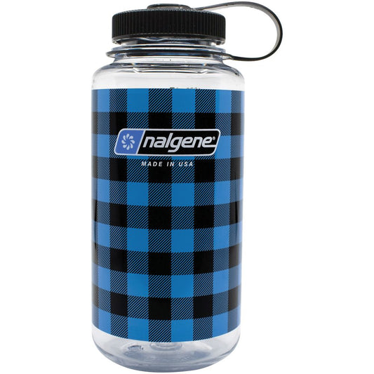 Nalgene Wide Mouth 32oz Bottle Blue Plaid with Black Cap