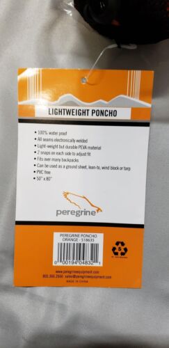 Peregrine Equipment PEVA 52" x 80" Rain Poncho PVC Free w/Snaps & Hood Orange