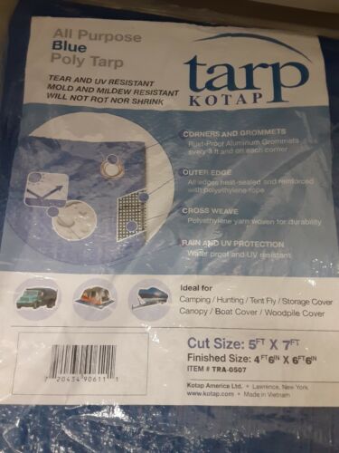 Kotap 5' x 7' UV Resistant Waterproof Blue Poly Tarp w/Grommets & Rope Hem